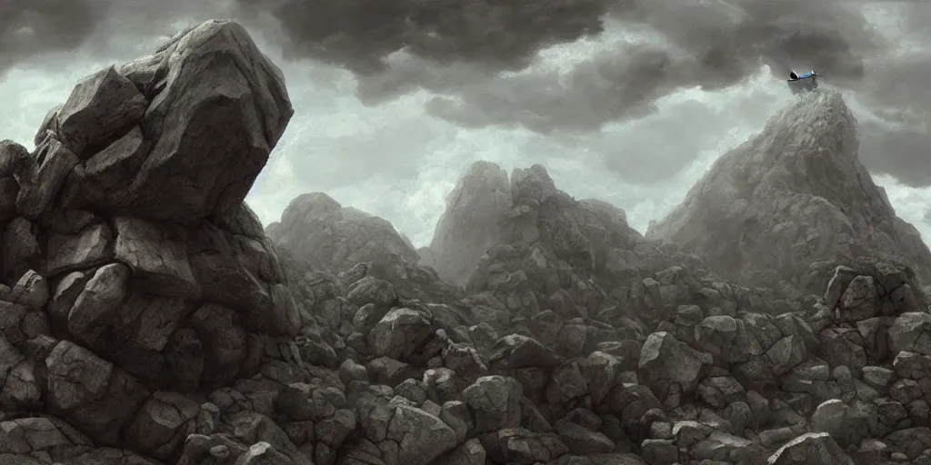 Prompt: A jagged mountain range earthquake with a massive rock slide and rock golem, clouds, illustration, detailed, smooth, soft, cold, by Adolf Lachman, Shaun Tan, Surrealism