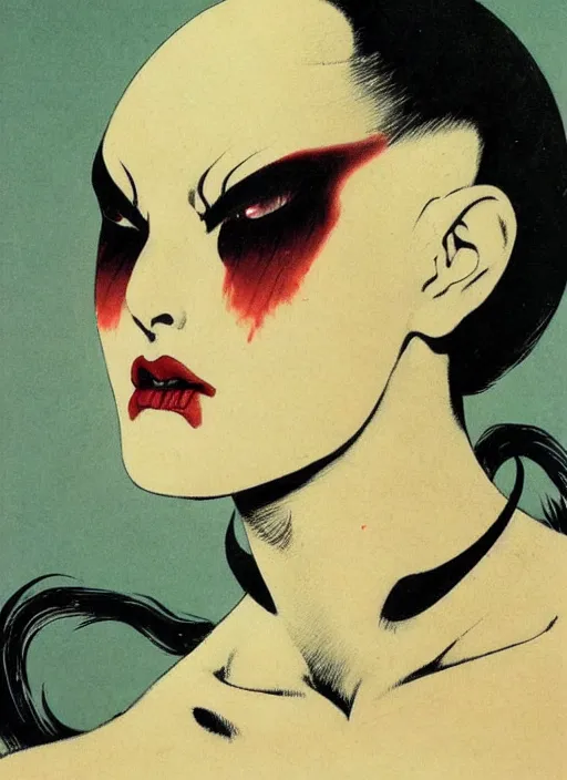 Image similar to portrait of bald korean vampiress, strong line, saturated color, beautiful! coherent! by frank frazetta, high contrast, minimalism