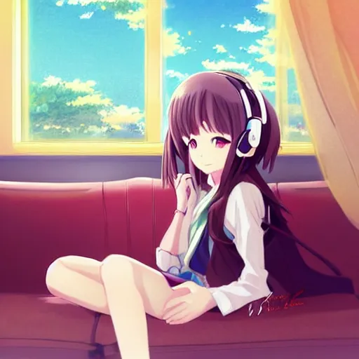 Prompt: anime beautiful girl sits on the sofa and listens to music, the sun shines through the window, clear face, beautiful body, dream light, focus on the face, highly detailed, 8 k, pixiv, in style of kyoto animation, art by cushart krenz