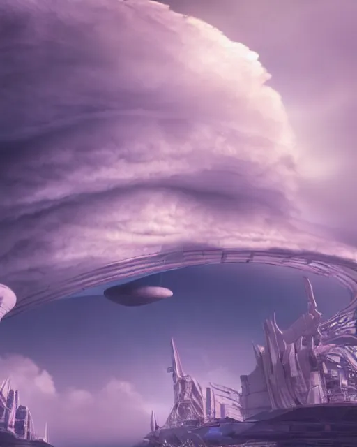 Prompt: a cloud formation in form of an alien superstructure, hyper realistic, hyper detailed, volumetric light, 8k