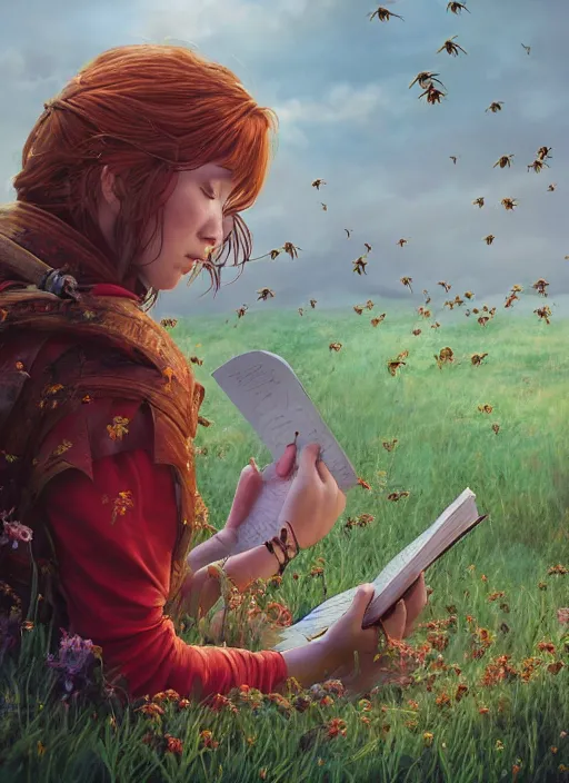 Prompt: An epic fantasy comic book style portrait painting of a young red headed girl reading a book in a field of flowers surrounded by bees in the style of the wheel of time, unreal 5, DAZ, hyperrealistic, octane render, cosplay, RPG portrait, dynamic lighting
