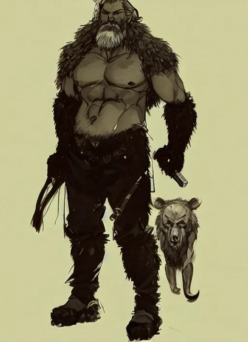 Image similar to Full body portrait of an old muscular man with blonde hair and beard wearing bear skin. In style of Yoji Shinkawa and Hyung-tae Kim, trending on ArtStation, dark fantasy, great composition, concept art, highly detailed.