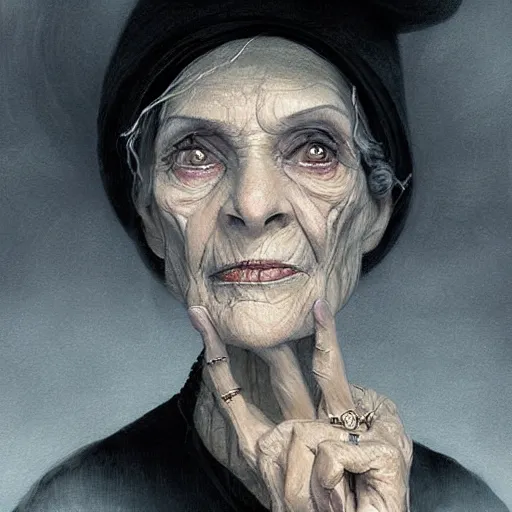granny weatherwax, an old lady, a witch, with a wise | Stable Diffusion