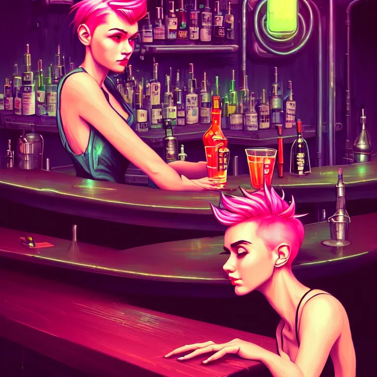 Prompt: a young sophisticated beautiful barmaid, dimly lit industrial grunge cyberpunk dive bar, dystopian retrofuturistic 1980s neon vibe, relaxed pose, sitting at the bar, pixie cut with shaved side hair, wild, highly detailed, digital painting, artstation, sharp focus, illustration, detailed painterly digital art style by WLOP and Cory Loftis + perfect facial symmetry + dim volumetric lighting, vibrant deep colors, 🍸, 8k octane beautifully detailed render, post-processing, extremely hyperdetailed, epic composition, grim yet sparkling atmosphere, cinematic lighting + masterpiece, Art Nouveau, unreal engine, hyperrealistic