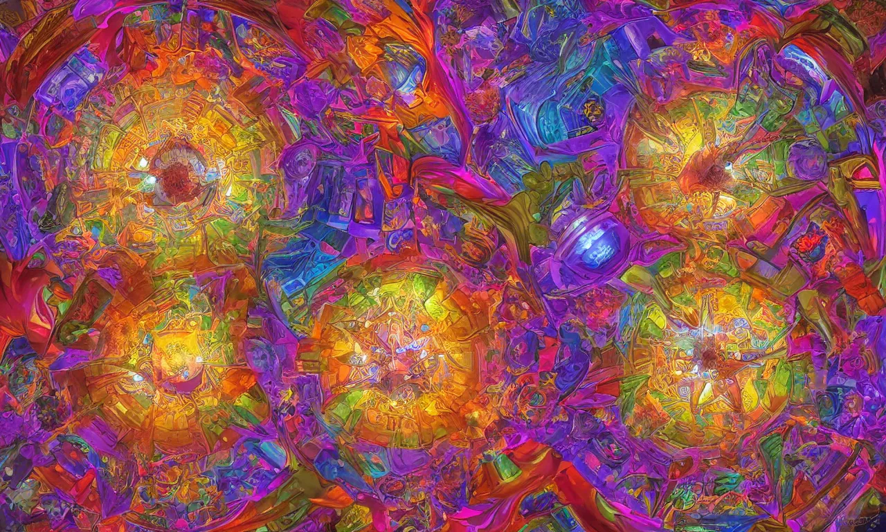 Image similar to voronoi engine laboratory 3 d volume kaleidoscope mandala fractal chakra digital multicolor stylized concept substance by artgerm, rossdraws, norman rockwell, magali villeneuve, gil elvgren, alberto vargas, earl moran, enoch bolles radiating a glowing aura global illumination ray tracing hdr