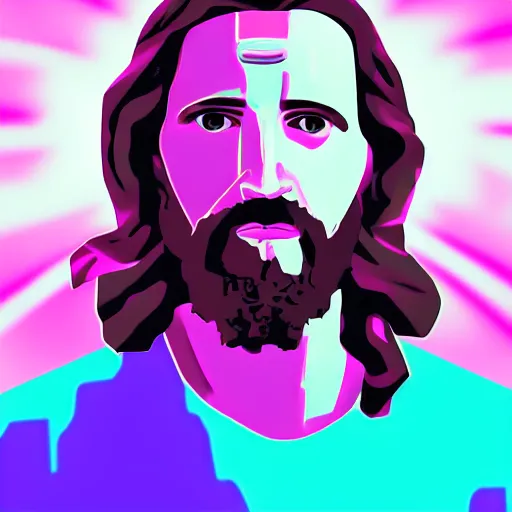 Image similar to Digital art of Jezus Christ as a cool dude in vaporwave style, 8k, trending on artstation, hyper realistic, award winning art,