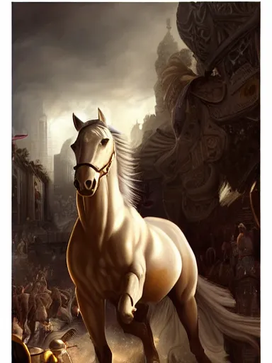 Prompt: a olimpic greek hero, entering triunphantly a city mounted in a white horse. full of pride. victorirous. prideful.. intricate, elegant, highly detailed, digital painting, artstation, concept art, sharp focus, illustration, by justin gerard and artgerm, 8 k