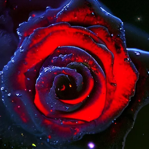 Prompt: award - winning macro of a beautiful black rose made of molten magma and nebulae on black background by harold davis and harold feinstein, highly detailed, hyper - realistic, inner glow, trending on deviantart, artstation and flickr, nasa space photography, national geographic