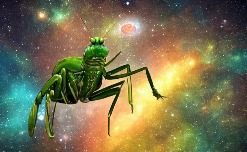 Prompt: inter dimensional sci - fi praying mantis far future, travelling across the stars, cosmos, galaxy, 8 k