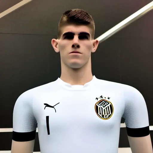 Image similar to “a realistic detailed photo of a guy who is an attractive humanoid who is half robot and half humanoid, who is a male android, Christian Pulisic, shiny skin, posing like a statue, blank stare, on display”