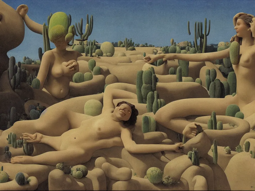 Image similar to Woman sculpted by Henri Moore taking a milk bath alone in a strange, giant ceramic basin sculpted river. Alien, selenar, crater landscape with efflorescent strange cacti. Blue light. Painting by Georges de la Tour, Alex Colville, Balthus