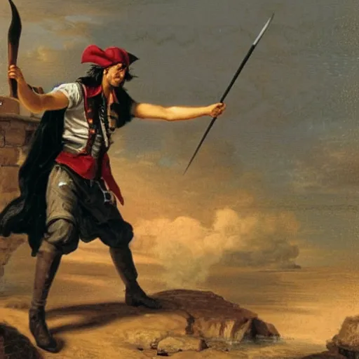 Prompt: a pirate throwing a javelin