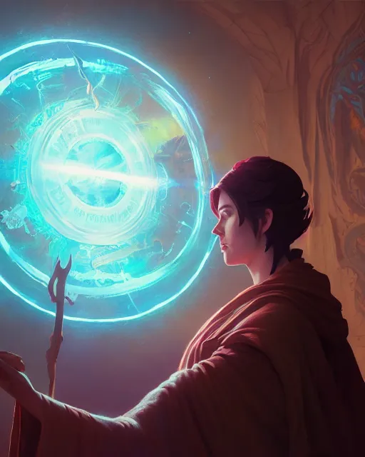 Image similar to highly detailed vfx portrait of a mage casting a time spell, unreal engine, greg rutkowski, loish, rhads, beeple, makoto shinkai and lois van baarle, ilya kuvshinov, rossdraws, tom bagshaw, alphonse mucha, global illumination, detailed and intricate environment