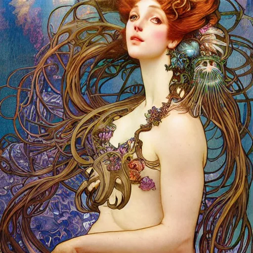 Prompt: realistic detailed face portrait of Mermaid Marie Antoinette with seashells in her hair and colorful lionfish fins for ears by Alphonse Mucha, Ayami Kojima, Amano, Charlie Bowater, Karol Bak, Greg Hildebrandt, Jean Delville, and Mark Brooks, Art Nouveau, Neo-Gothic, gothic, rich deep moody colors