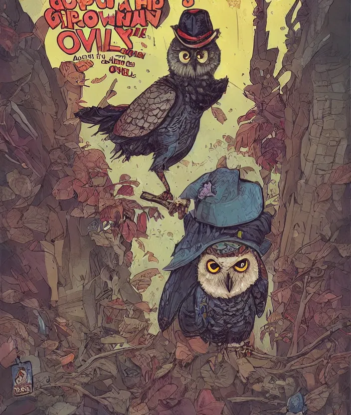 Prompt: graphic novel about grumpy owl detective, colourful, by arthur adams and greg rutkowski