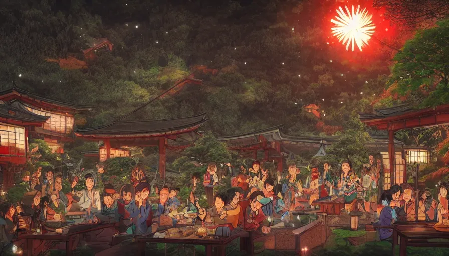 Image similar to party in a japanese village built in green mountains, fireplace, banquet, fireworks, lights at night, moon, manga style, hyperdetailed, artstation, cgsociety, 8 k