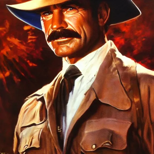 Image similar to ultra realistic portrait painting of tom selleck as indiana jones, art by frank frazetta, 4 k, ultra realistic, highly detailed, epic lighting