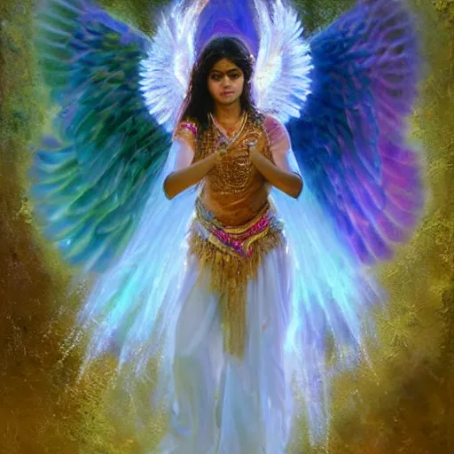 Prompt: Sri lankan girl as a winged angel covered in eyes with glowing halo, iridescent, seraphim, art by Daniel F. Gerhartz,