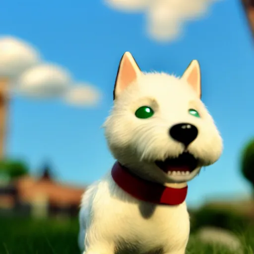 Image similar to tintin and his tiny white fox terrier, depicted as a pixar character, high quality cg render, 8 k