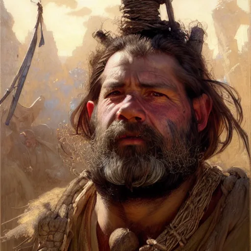 Image similar to highly detailed portrait of a poor town peasant in the form of a beautiful male dwarf with beard. d & d. art by donato giancola, eugene delacroix, ruan jia, carl larsson, peter mohrbacher. trending on artstation, intricate details, energetic composition, fantasy, concept art, illustration, elegant art, global illuminaition