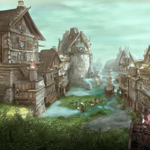 Image similar to magical final fantasy inspired town, european, highly detailed, unreal engine, concept art