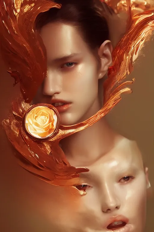 Image similar to 3 d, flowning fashion model, flame, liquid rose gold, pearls, morning, vogue cover style, poster art, high detail, intricate oil painting, multiple exposure, heaven mood, hyperrealism, 3 d, by tooth wu and wlop and beeple and greg rutkowski