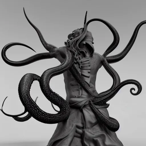 Prompt: 3 d render of a sculpture of a pirate full of tentacles, no colors, white and black, plastic, 4 k, 8 k, hd,