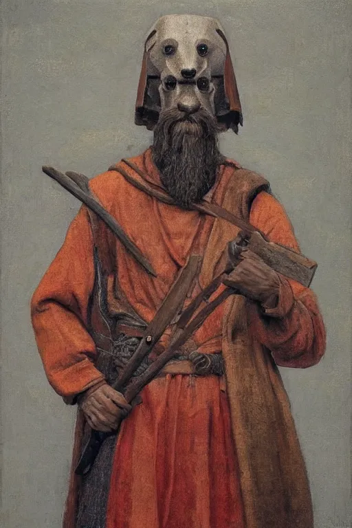 Prompt: slavic dog head man, woolen torso in medieval clothes, holding a weapon, orthodox, oil painting, concept art, hyperrealism, beautiful, high resolution, trending on artstation, by annie swynnerton and nicholas roerich, symbolist, soft colors, dramatic lighting, extremely detailed, two hands,