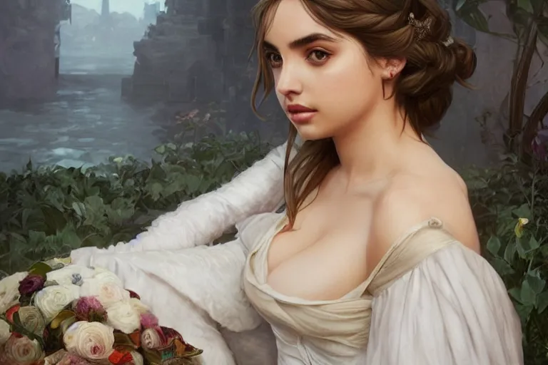 Prompt: ana de armas in a wedding dress, cg animation, riot entertainment, arcane, realistic, character select portrait, by artgerm, greg rutkowski, alphonse mucha, 3 d