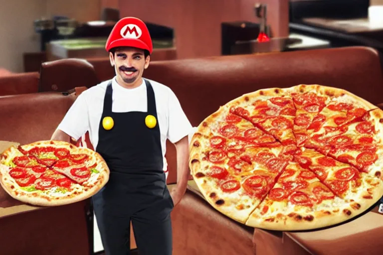 Image similar to super mario working at pizza hut