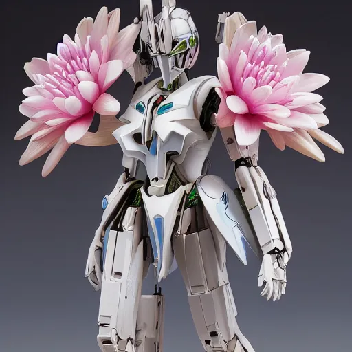 Prompt: futuristic nymphaea themed mecha waterlily upper body, sepals forming helmet, highly detailed, nymphaea, 8 k hd resolution, barbatos gundam with beautiful floral inlay, bandai box art, star wars, makoto kobayashi, frank gehry, raymond swanland