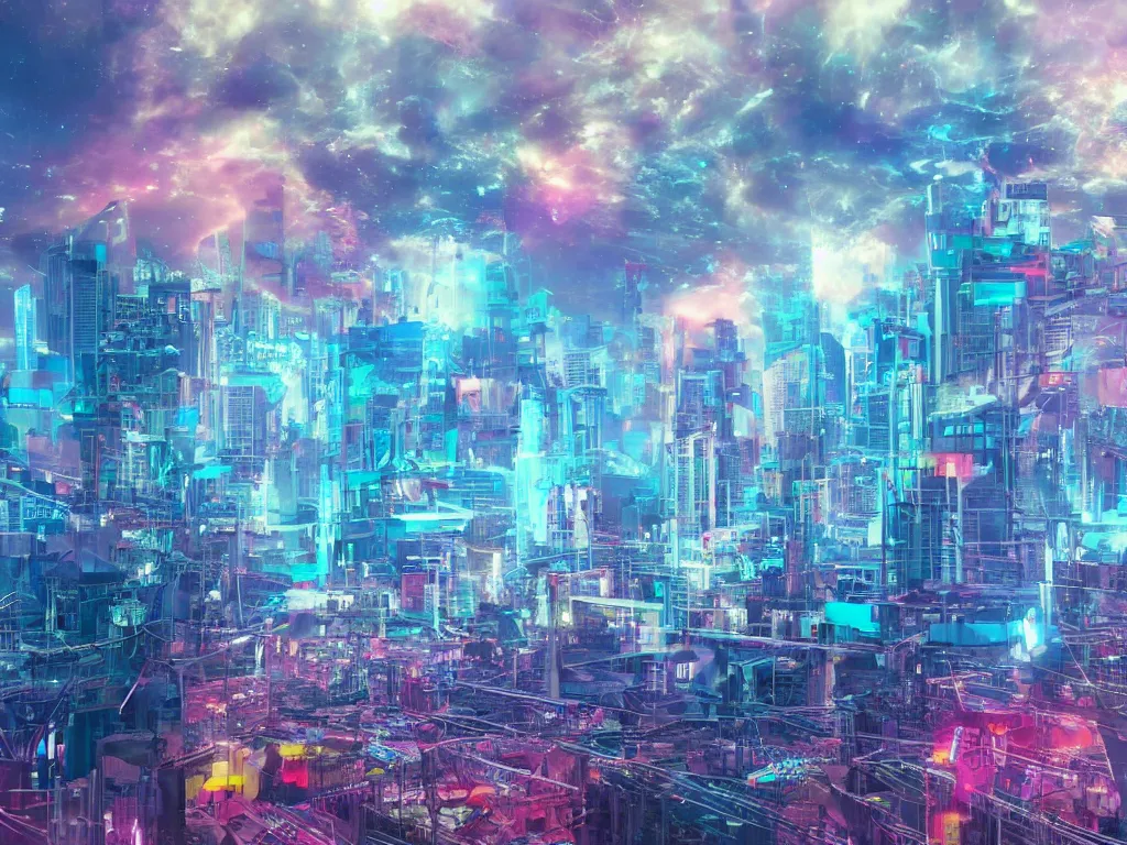 Prompt: mystical colorful cyberpunk city with a clear blue lake in a clearing where an abstract nebula crystal sculpture is floating above it, powerful, 4k, photograph, vaporwave