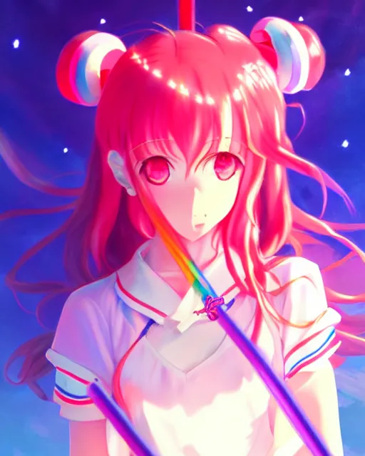 Image similar to anime style, vivid, expressive, full body, 4 k, painting, a cute magical girl with a long wavy hair wearing a sailor outfit, correct proportions, stunning, realistic light and shadow effects, neon lights, studio ghibly makoto shinkai yuji yamaguchi