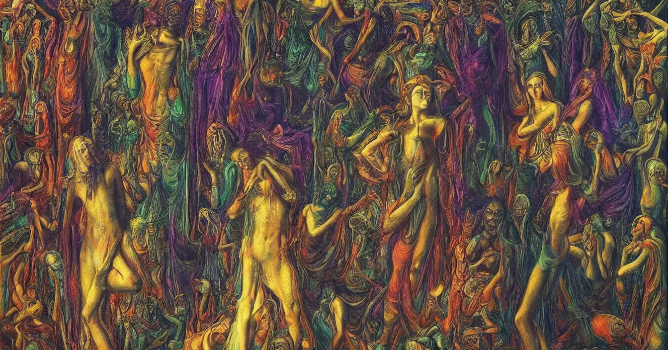 Prompt: Imagination of human souls sitting in cinema like room and watch very interested bright warm light of consciousness projecting their lives on the big wide screen, realistic, deep sense of spirituality, life meaning, meaning of physical reality, calm atmosphere, by Ernst Fuchs