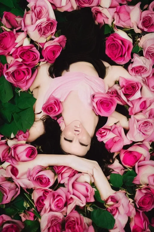 Image similar to fine art photo of the beauty gal gadot, she is lying down and merging from pink roses, taken by oleg oprisco