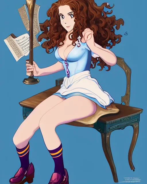 Prompt: pinup photo of hermione granger by emma watson in the library of hogwarts, asuna by a - 1 pictures, by by andrei riabovitchev, james jean, gil elvgren, enoch bolles, glossy skin, pearlescent, anime, very coherent, flat