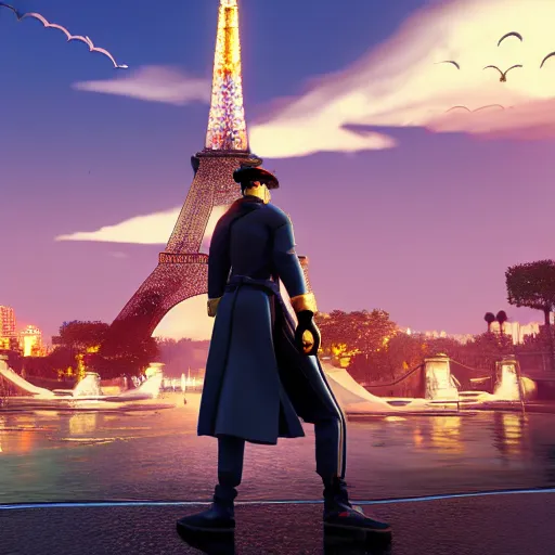 Image similar to a 3 d render of jotaro kujo next to the eiffel tower, hyper - detailed, unreal engine 5, beautiful, the sun is rising, ultra - realistic