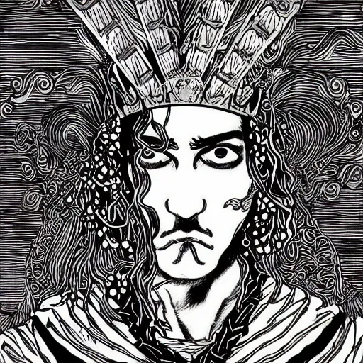 Prompt: black and white pen and ink!!!! aesthetic instagram artstation trending royal! nordic goetic Raiden x Frank Zappa golden!!!! Vagabond!!!! floating magic swordsman!!!! glides through a beautiful!!!!!!! floral!! battlefield dramatic esoteric!!!!!! pen and ink!!!!! illustrated in high detail!!!!!!!! by Koyoharu Gotouge and Hiroya Oku!!!!!!!!! graphic novel published on 2049 award winning!!!! full body portrait!!!!! action exposition manga panel black and white Shonen Jump issue by David Lynch eraserhead and Frank Miller beautiful line art Hirohiko Araki