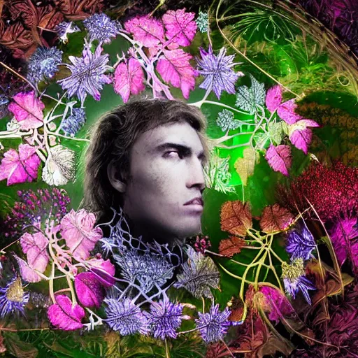 Prompt: a male knight, stern face, clear eyes, shining armour made of steel and flowers, and fractal flowery hair in a fractal garden, glowing delicate flower, berries and ferns that grow in a dark fantasy forest, full frame,