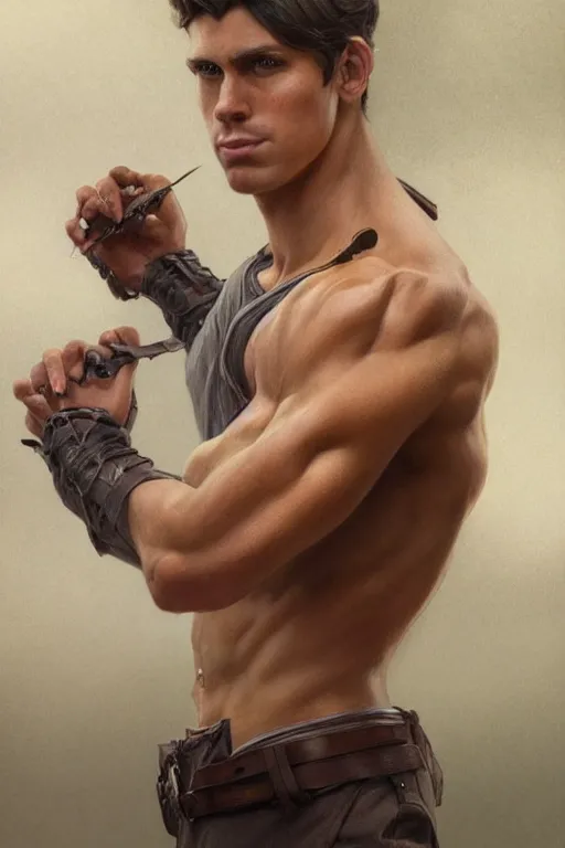 Image similar to Young man, no beard, muscular upper body, D&D, fantasy, realistic physic, accurate hyper-realistic body, elegant, highly detailed, digital painting, artstation, concept art, smooth, sharp focus, illustration, art by artgerm and greg rutkowski and alphonse mucha