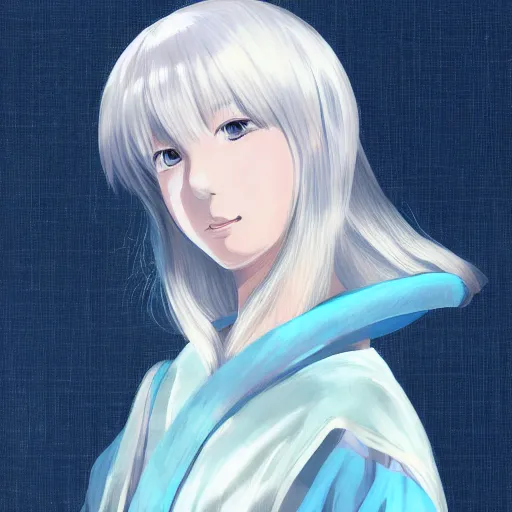 Image similar to Portrait of a japanese princess young lady, with white hair and bangs!!!! beauty artwork by Makoto Shinkai, white hair, ayaka genshin impact, ayaka, ayaka game genshin impact, ayaka