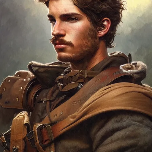 Image similar to portrait of a young rugged ranger, handsome, toned body, upper body, hairy thighs, D&D, fantasy, intricate, cinematic lighting, highly detailed, digital painting, artstation, concept art, smooth, sharp focus, illustration, art by Artgerm and Greg Rutkowski and Alphonse Mucha