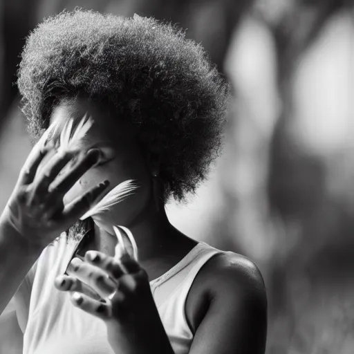 Image similar to black and white photo of a lady blowing feathers from the palm of her hand, low depth of field