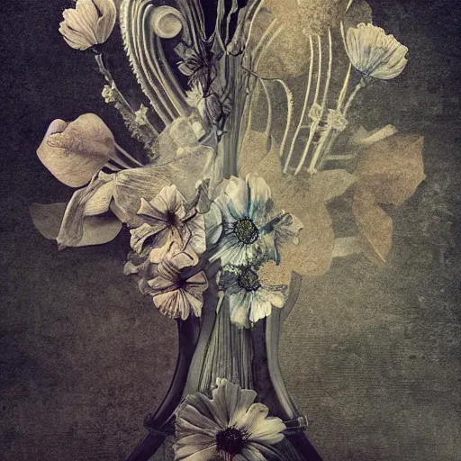 Prompt: The computer art is a beautiful and haunting work of art of a series of images that capture the delicate beauty of a flower in the process of decaying. The colors are muted and the overall effect is one of great sadness. knitting patterns by Craola meticulous