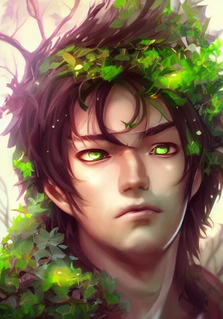 Image similar to A realistic anime portrait of a handsome buff dryad with glowing green eyes and tree bark skin wearing clothes made of leaves, digital painting, by Stanley Artgerm Lau, Sakimichan, WLOP and Rossdraws, digtial painting, trending on ArtStation, SFW version