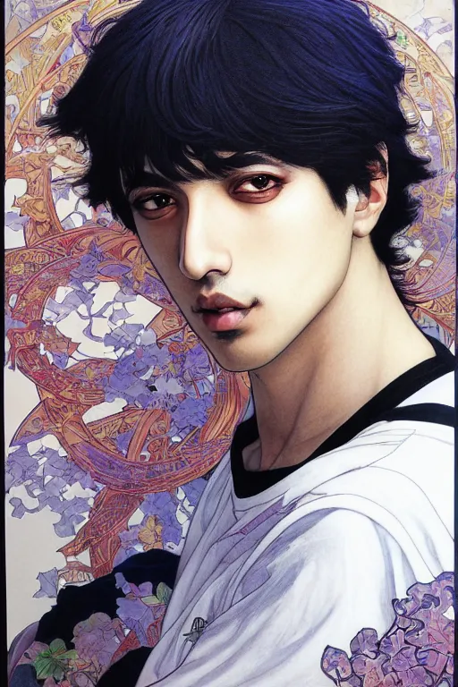 Image similar to beautiful medium shot manga portrait of mahmood inspired by ayami kojima with short hair dressed with a white t - shirt, white background white bank studio light, art by yoshitaka amano, alfons mucha, hiroaki samura, jiro matsumoto and yusuke murata, sharp focus, high quality, 8 k