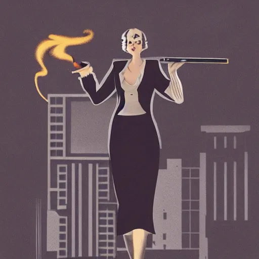 Prompt: concept art 1930's noir style female detective on rooftop above city smoking cigarette