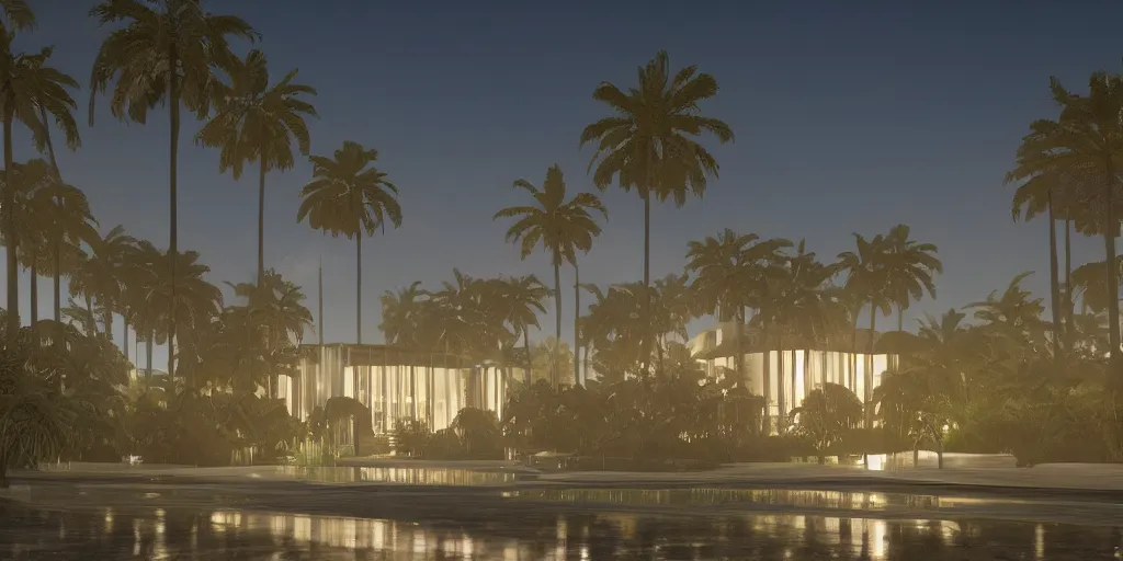 Prompt: a large building surrounded by palm trees at night, concept art by L. A. Ring, behance, modernism, playstation 5 screenshot, concept art, vray