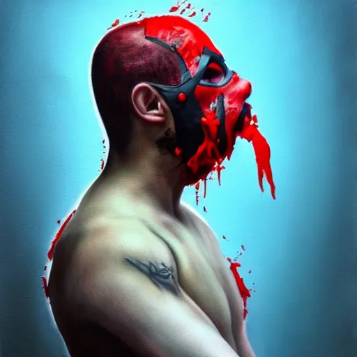 Prompt: realistic portrait photorealistic painting of bleeding young man with mask wrestler is trying to fight back. fine art, trending on artstation, smooth draw, sharp focus, digital art, bright colors.