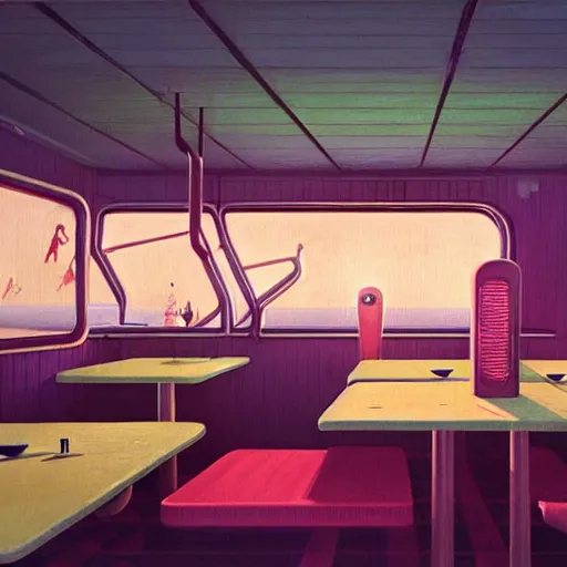 Image similar to inside diner at the beach by simon stalenhag